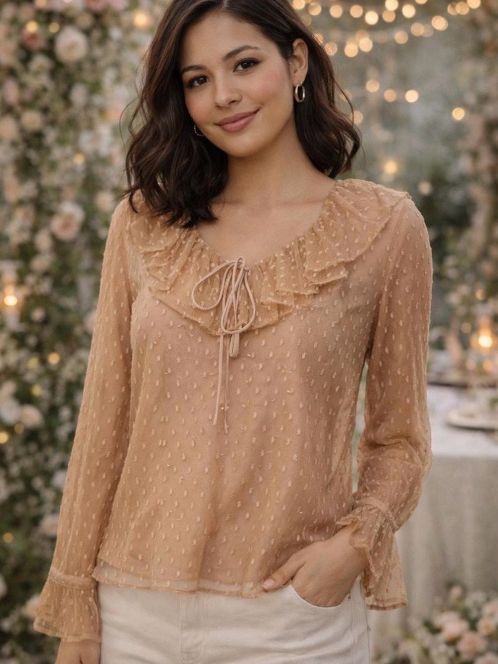 J. Crew Ruffleneck top in clip dot